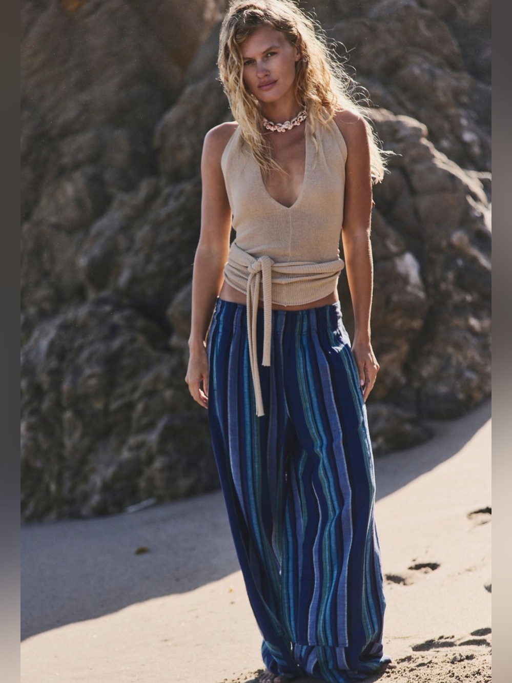 NWOT Free People Blue Striped Wide-Leg Pants - Picture 3 of 15